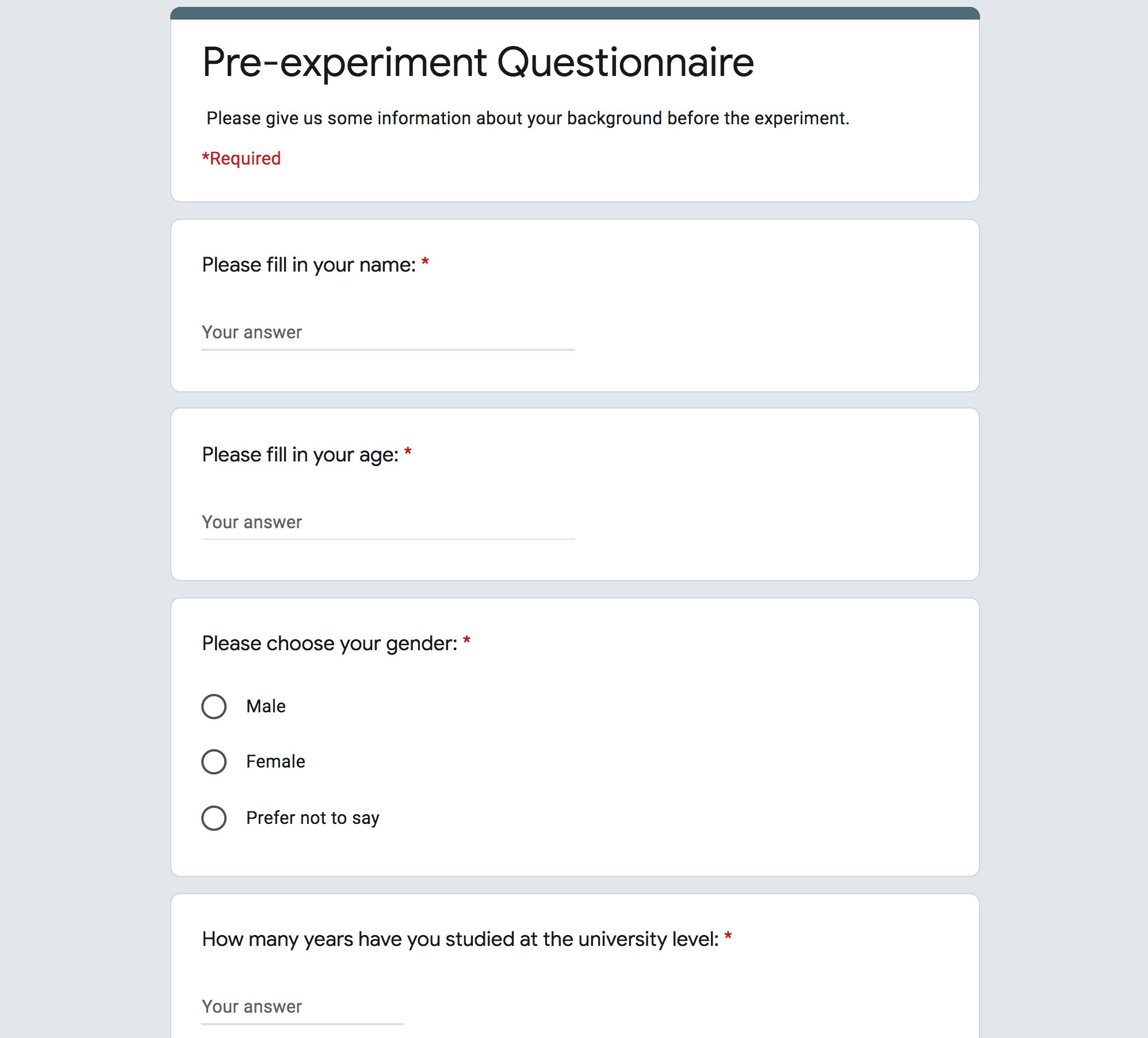 A glance of the background questionnaire